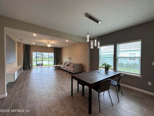 Dining room, Interior, Living room, Pendant Lights, Recessed Lighting, Wood Texture Flooring