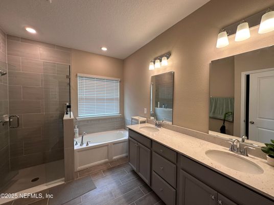Bathroom, Dual Sink Vanities, Glass Shower, Interior, Recessed Lighting
