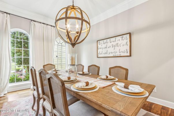 Dining room, Interior, Pendant Lights, Wood Texture Flooring