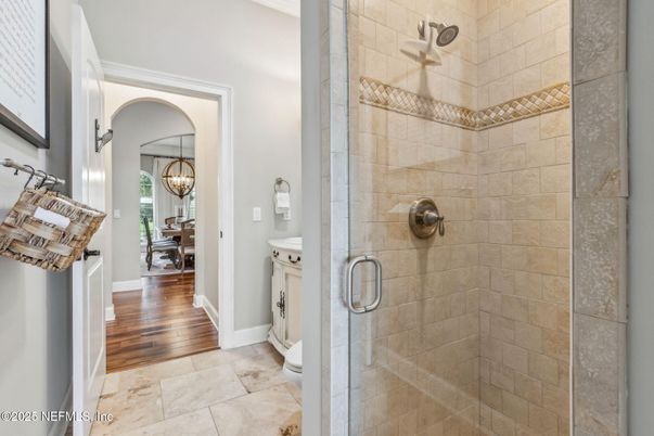 Bathroom, Chandelier, Interior, Stone Walls, Wood Texture Flooring