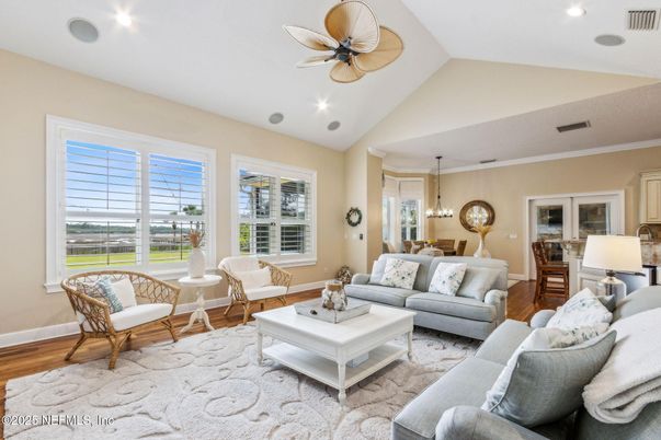 Dining room, Interior, Living room, Pendant Lights, Recessed Lighting, Wood Texture Flooring
