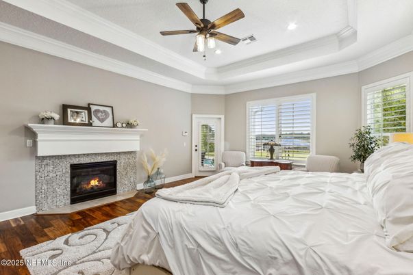 Bedroom, Fireplace, Interior, Recessed Lighting, Wood Texture Flooring