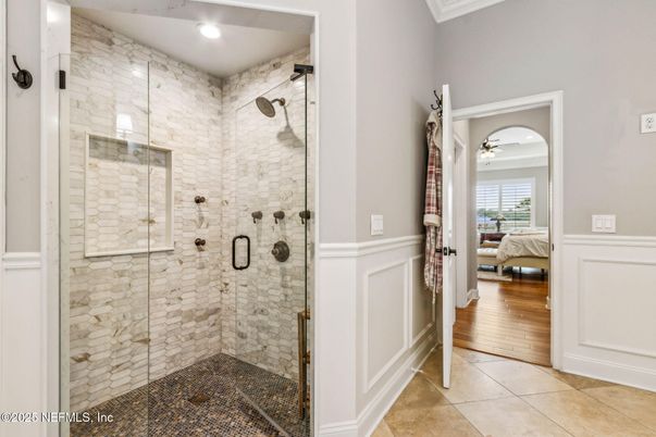 Bathroom, Bedroom, Glass Shower, Interior, Recessed Lighting, Wood Texture Flooring