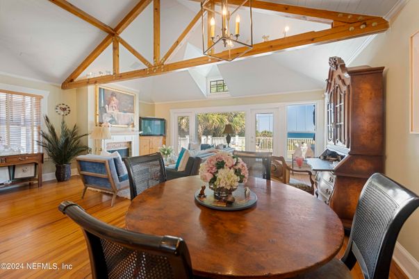 Dining room, Fireplace, Interior, Living room, Pendant Lights, Wooden Beams, Wood Texture Flooring
