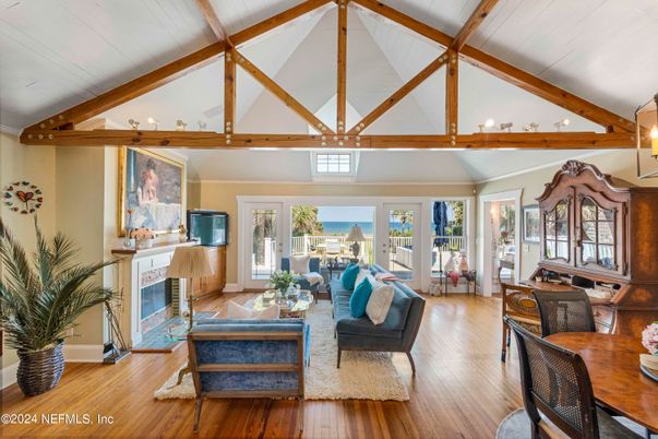 Fireplace, Interior, Living room, Wooden Beams, Wood Texture Flooring