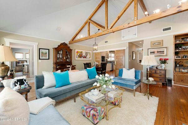 Dining room, Interior, Living room, Pendant Lights, Wooden Beams, Wood Texture Flooring