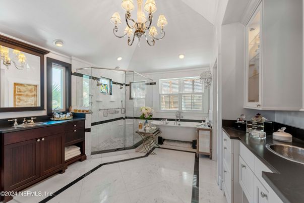 Bathroom, Chandelier, Dual Sink Vanities, Free Standing Baths, Glass Shower, Interior, Marble, Recessed Lighting
