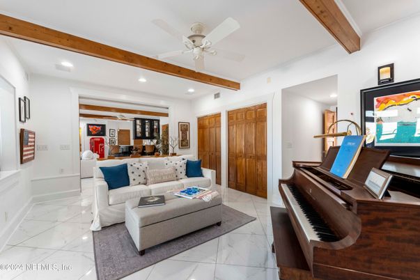 Interior, Living room, Marble, Piano, Recessed Lighting, Wooden Beams