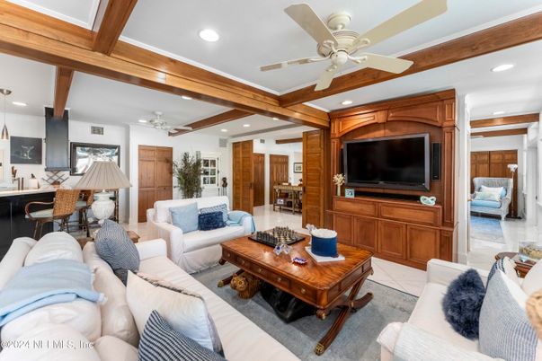 Interior, Living room, Recessed Lighting, Wooden Beams