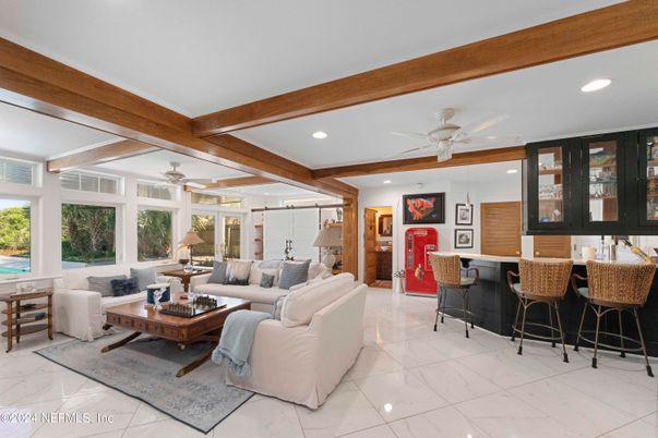 Interior, Living room, Marble, Recessed Lighting, Wooden Beams