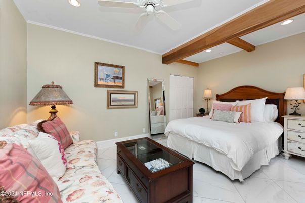 Bedroom, Interior, Marble, Recessed Lighting, Wooden Beams