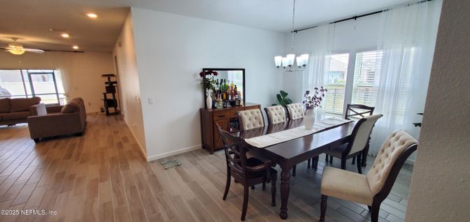 Chandelier, Dining room, Interior, Living room, Recessed Lighting, Wood Texture Flooring