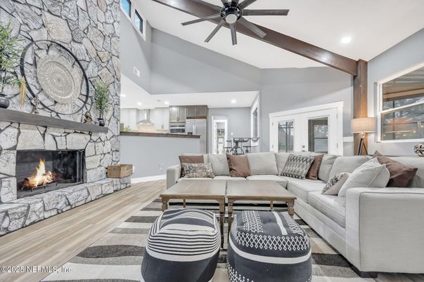 Fireplace, Interior, Kitchen, Living room, Recessed Lighting, Stone Walls, Wooden Beams, Wood Texture Flooring