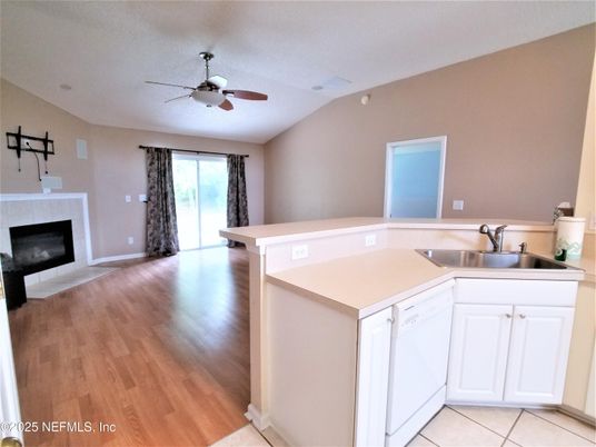 Empty room, Fireplace, Interior, Kitchen, Wood Texture Flooring