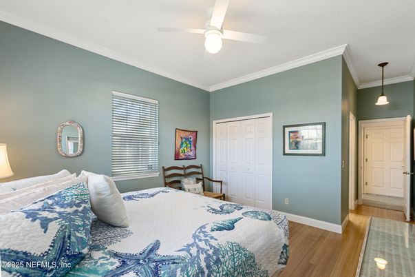 Bedroom, Interior, Pendant Lights, Wood Texture Flooring