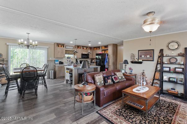 Chandelier, Dining room, Interior, Kitchen, Living room, Recessed Lighting, Wood Texture Flooring