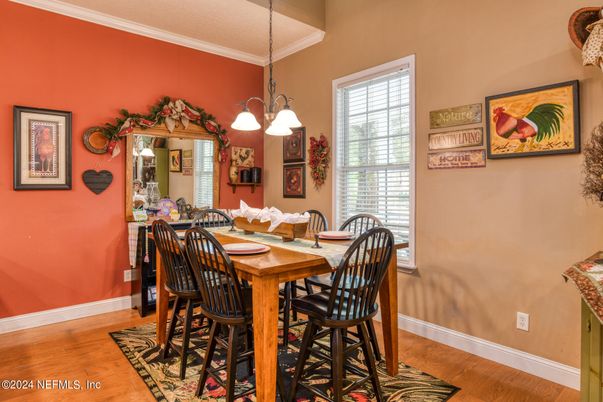Dining room, Interior, Pendant Lights, Wood Texture Flooring