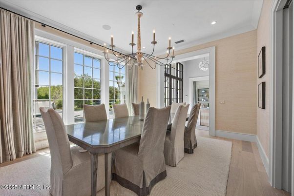 Chandelier, Dining room, Interior, Recessed Lighting, Wood Texture Flooring