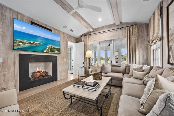 Fireplace, Interior, Living room, Recessed Lighting, Wooden Beams, Wood Texture Flooring, Wooden Walls