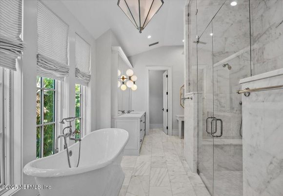 Bathroom, Dual Sink Vanities, Free Standing Baths, Glass Shower, Interior, Marble, Marble Walls, Recessed Lighting