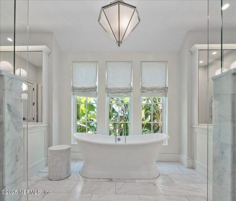Bathroom, Free Standing Baths, Glass Shower, Interior, Marble, Marble Walls, Pendant Lights