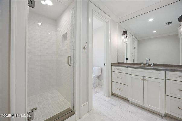 Bathroom, Glass Shower, Interior, Marble, Recessed Lighting
