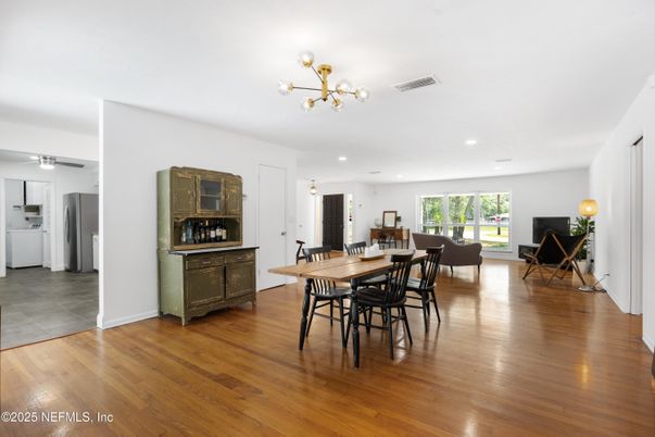 Dining room, Interior, Kitchen, Recessed Lighting, Wood Texture Flooring