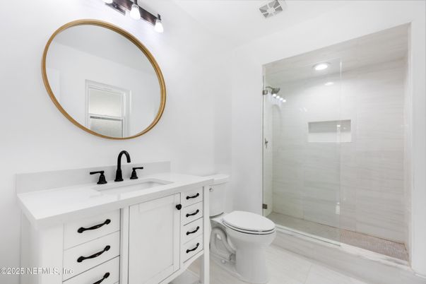 Bathroom, Dual Sink Vanities, Glass Shower, Interior, Recessed Lighting