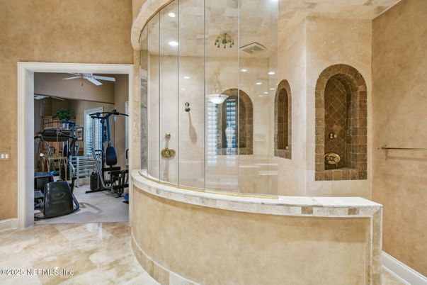 Bathroom, Fitness Equipment, Glass Shower, Interior, Recessed Lighting