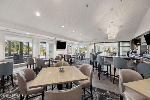 Dining room, Interior, Pendant Lights, Recessed Lighting, Wood Texture Flooring