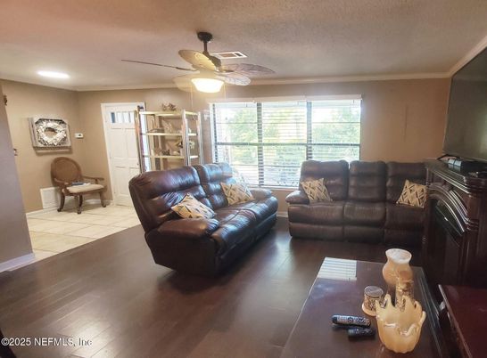 Fireplace, Interior, Living room, Recessed Lighting, Wood Texture Flooring