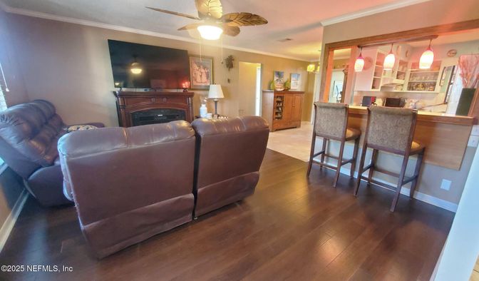 Fireplace, Interior, Kitchen, Living room, Pendant Lights, Wood Texture Flooring