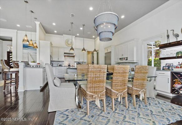 Dining room, Interior, Kitchen, Pendant Lights, Recessed Lighting, Wood Texture Flooring