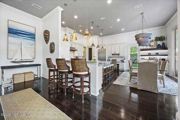 Dining room, Interior, Kitchen, Pendant Lights, Recessed Lighting, Wood Texture Flooring