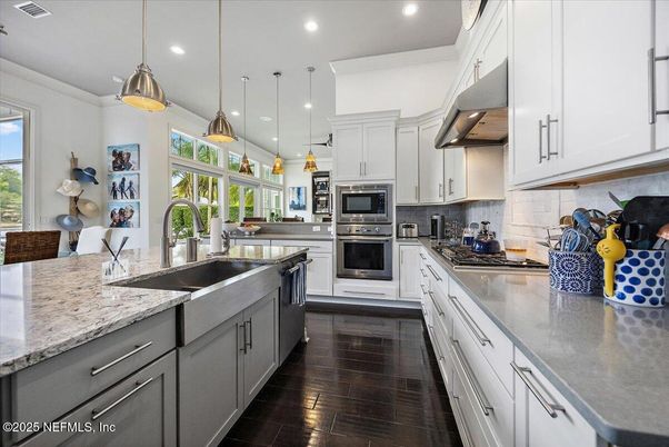 Interior, Kitchen, Pendant Lights, Recessed Lighting, Stainless Steel Appliances, Wood Texture Flooring