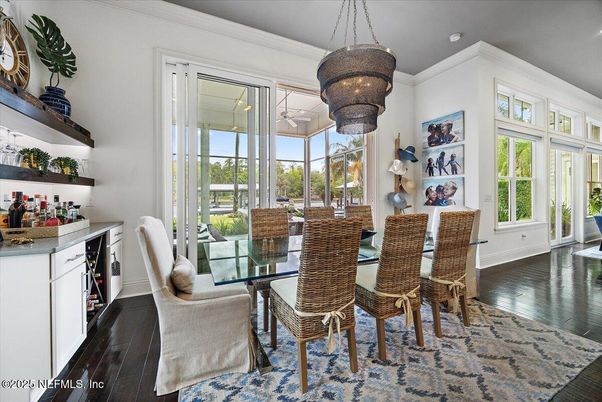 Chandelier, Dining room, Interior, Recessed Lighting, Wood Texture Flooring