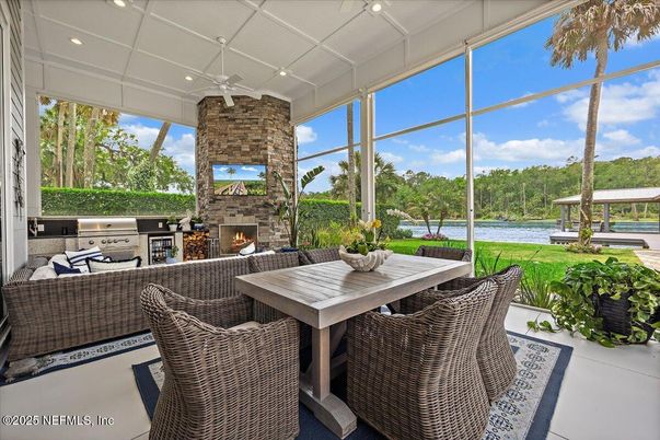 Dining room, Fireplace, Interior, Recessed Lighting, Sun Room, Water