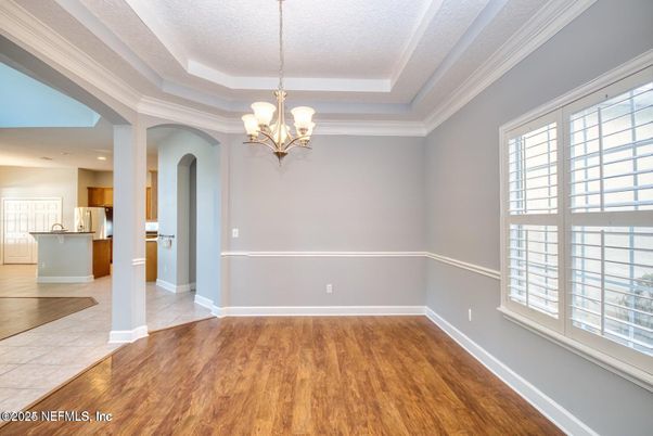 Chandelier, Empty room, Interior, Kitchen, Recessed Lighting, Wood Texture Flooring