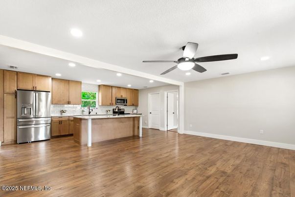 Interior, Kitchen, Recessed Lighting, Stainless Steel Appliances, Wood Texture Flooring