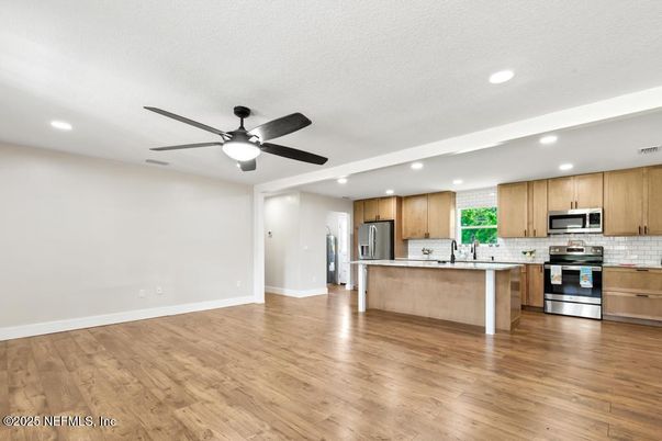 Interior, Kitchen, Recessed Lighting, Stainless Steel Appliances, Wood Texture Flooring