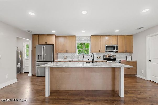 Interior, Kitchen, Recessed Lighting, Stainless Steel Appliances, Wood Texture Flooring