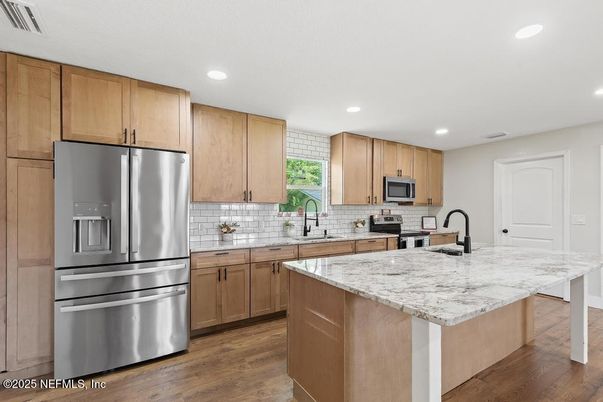 Interior, Kitchen, Recessed Lighting, Stainless Steel Appliances, Wood Texture Flooring