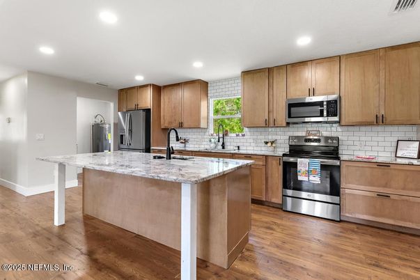Interior, Kitchen, Recessed Lighting, Stainless Steel Appliances, Wood Texture Flooring