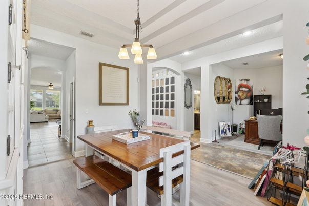 Dining room, Interior, Pendant Lights, Recessed Lighting, Wood Texture Flooring