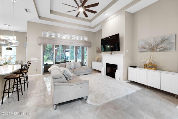 Dining room, Fireplace, Interior, Living room, Pendant Lights, Recessed Lighting