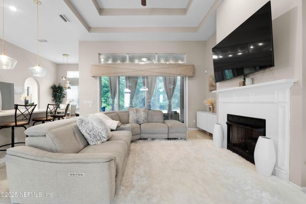 Dining room, Fireplace, Interior, Living room, Pendant Lights