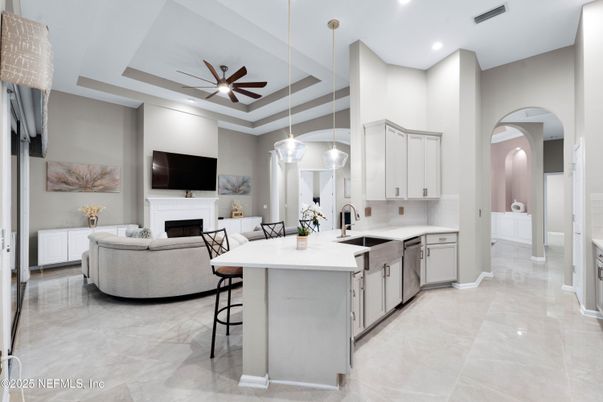 Dining room, Fireplace, Interior, Kitchen, Living room, Pendant Lights, Recessed Lighting