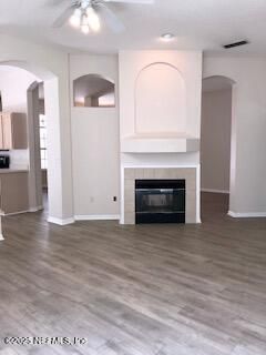 Empty room, Fireplace, Interior, Recessed Lighting, Wood Texture Flooring