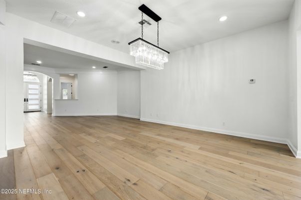 Chandelier, Empty room, Interior, Recessed Lighting, Wood Texture Flooring