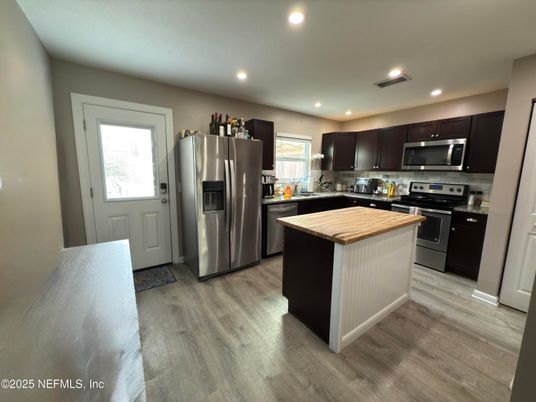 Interior, Kitchen, Recessed Lighting, Stainless Steel Appliances, Wood Texture Flooring
